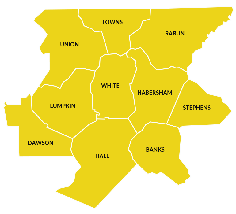 Banks County, Dawson County, Habersham County, Hall County, Lumpkin County, Rabun County, Stephens County, Towns County, Union County, White County, Region B Healthcare Coalition, Georgia Mountains Healthcare Coalition